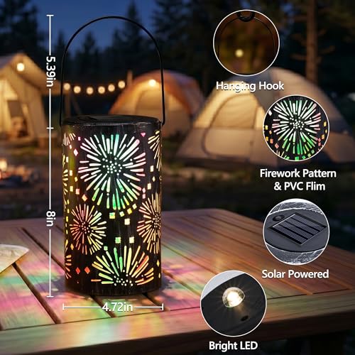 Brizled Solar Lantern Outdoor, July 4th Firework Lanterns Colorful, Waterproof LED Solar Tabletop Lamp, 2 Pack Hanging Solar Garden Lanterns, Metal Garden Pathway Lighting for Patio Path Porch Balcony - size: 2 Pack, style: Firework Lantern Light