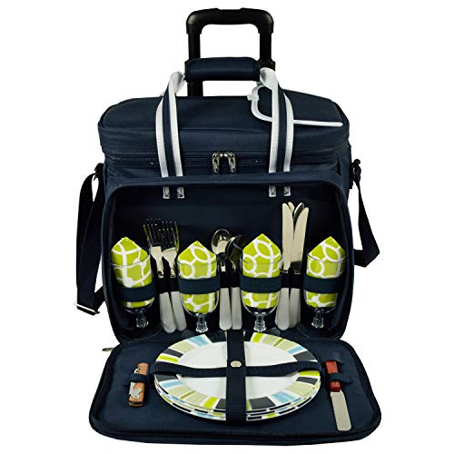 Picnic at Ascot Original Insulated Picnic Cooler with Service for 4 on Wheels-Designed & Assembled in USA - color: Trellis Green