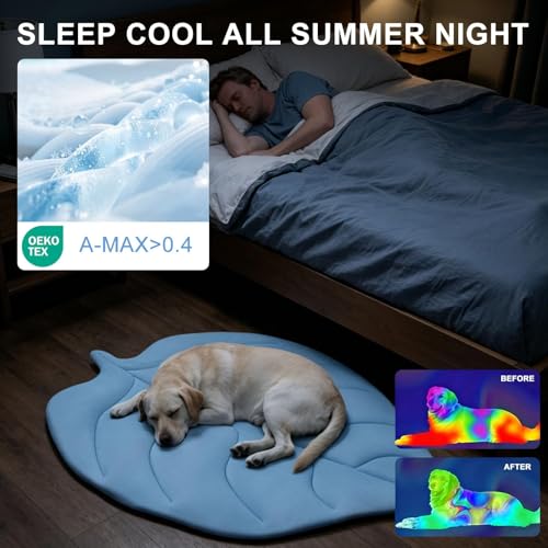 BEAUTYZOO Cooling Mat for Dogs & Cats, Dog Cooling Mat Q-Max>0.4, Double-Sided Pet Cool Pads for Summer, Crate, Kennel, Waterproof Outdoor Cooling Bed, Non-Gel Washable Chill Mats 37"x34" Leaf Shaped - color: Blue Leaf, size: Medium