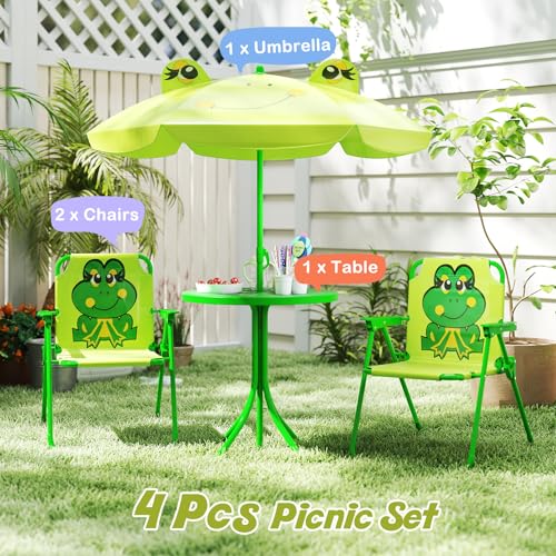 KOTEK Kids Picnic Table with Umbrella, Outdoor Table & 2 Folding Chairs, Cute Pattern Children’s Patio Furniture, Portable Kids Table and Chair Set for Backyard, Garden, Beach (Bright Green) - color: Bright Green Frog