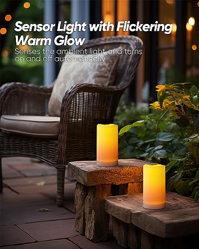 Homemory Solar Candles Outdoor Waterproof, Rechargeable Candles, Solar Powered Flameless Candles for Outdoor, Lanterns, Sensor Only, Dusk to Dawn, 3"x6", Set of 4 - size: D3"xH6", 4 Pcs, Plastic