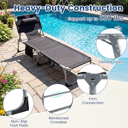 COSTWAY Tanning Chair with Face Hole, Folding Beach Lounge Chair with 4-Position Adjustable Backrest, Pillow & Side Pocket, Foldable Chaise Lounge Chair Outdoor for Sunbathing, Camping (1, Black) - color: Black