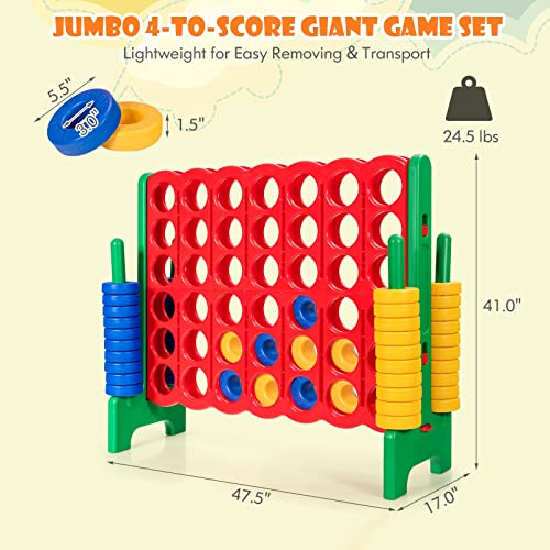 KOTEK Giant 4-in-a-Row Game Set, 3.5 Feet Tall Jumbo 4-to-Score Family Fun Game with Quick-Release Sliders & 42 Large Rings, Oversized Connect Plastic Yard Game Outdoor for Kids & Adults (Green+Red) - color: Green+red