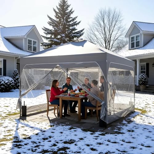 8x8 FT 1-Button Push Pop Up Canopy with 4 Clear PVC Sidewalls, Sandbags, Instant Canopy Tent for Outdoor Events - color: Gray, size: 8x8 with PVC Sidewalls