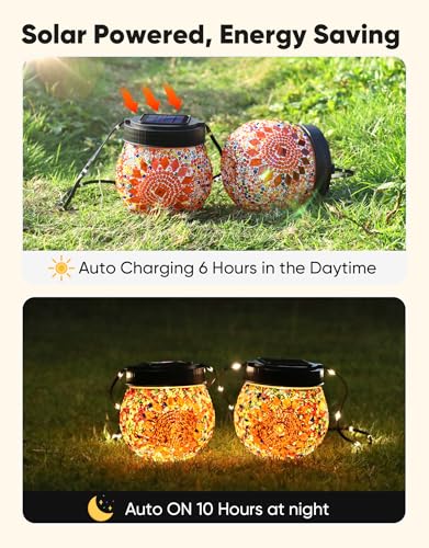 Mosaic Solar Lights Outdoor 2 Pack, Solar Hanging Lanterns Christmas Halloween Gifts for Women Mom Grandma, Waterproof Glass Globe Lights, Garden Patio Decor for Yard, Tree, Balcony, Warm - color: Orange, size: 2