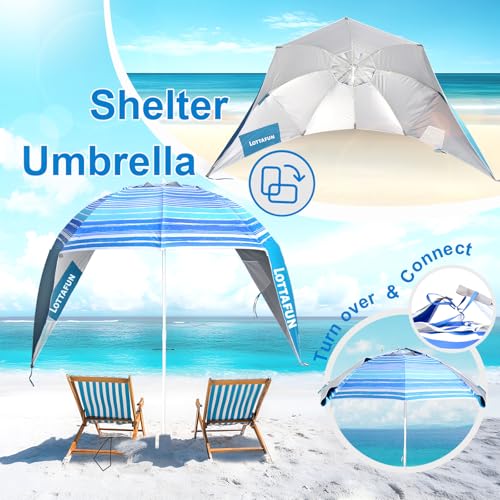 LOTTAFUN Beach Shelter Umbrella Premiere UPF 50+ Umbrella Shelter for Sun and Rain Protection for Adult (10-Foot,Blue Stripe) - color: Blue Wave Stripe