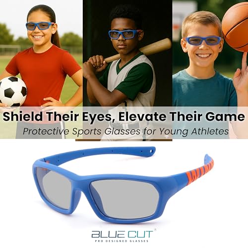 BLUE CUT Kids Sports Protection Goggles – Photochromic Safety Glasses for Children, Basketball, Baseball & Outdoor Sports - color: Blue/Orange Photochromic-kids Size