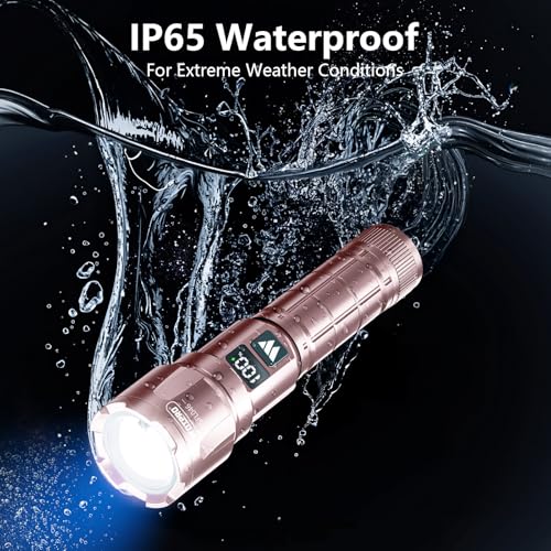 WdtPro LED Rechargeable Flashlight 2 Pack, 3 Modes Super Bright High Lumens Flashlights, Zoomable Tactical Flash Light with LCD Display, IP65 Waterproof Flashlights for Home Emergency Camping - Pink - color: Pink
