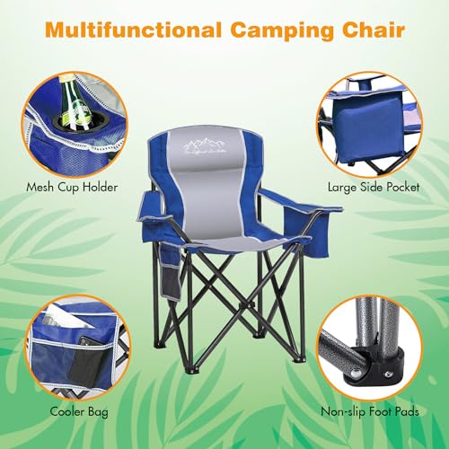 Camping Chair Portable Folding Outdoor Chair Heavy Duty Padded Chairs Lawn Chair with Cup Holder, Storage Pocket and Cooler Bag, Supports 500 LBS, Blue - color: Blue