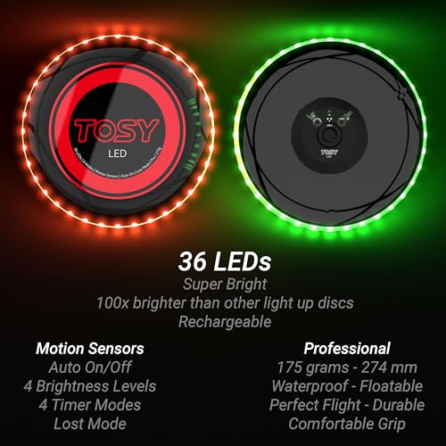 TOSY Flying Disc - 108 RGB Multicolor or 36 Monocolor LEDs, Super Bright, Smart Modes, Easter Basket Stuffers Gift, Camping Toy for Kid/Teen/Adult, Auto Light Up, Rechargeable, Waterproof, 175g - color: Blue 36 Leds (Black Disc)