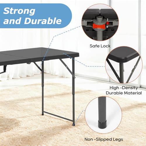 PayLessHere Folding Camping Table Plastic Picnic Table Office Table for Parties Wedding Camping Office with Carrying Handle (Black, 4 FT) - color: Black, size: 4 FT