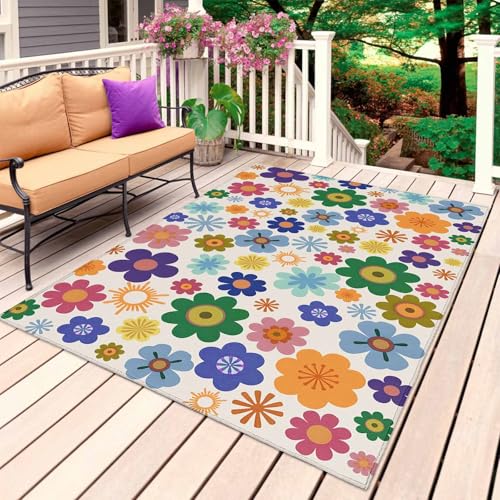 Retro Bohemia Floral Outdoor Rug 6' x 9', Blue Purple Flowers Boho Style Beige Washable Area Rug for Outdoor Indoor, Non Slip Outside Large Rugs Carpet for RV Patio Backyard Picnic Camping Porch Deck - size: 6' x 9' (Rectangular)