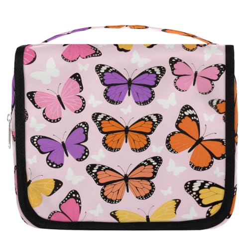 Colorful Butterflies Pattern Kids Toiletry Bag for Girls, Waterproof Hanging Makeup Organizer Travel Cosmetic Bag with Hook, Portable Toiletries Case for Sleepovers School Vacations - color: Colorful Butterflies Pattern