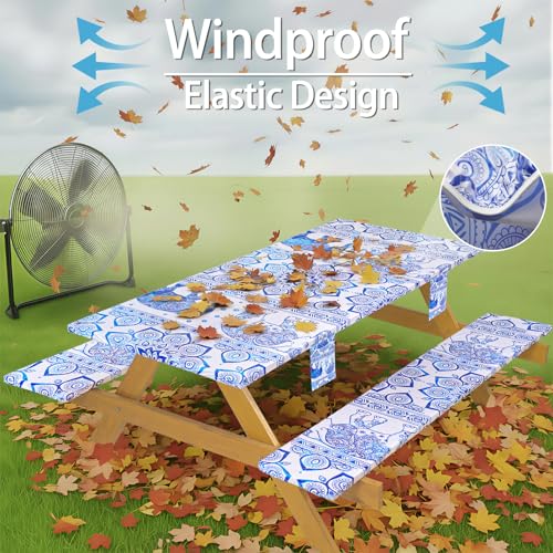 Fitted Waterproof Picnic Table Cover with Bench Covers Heavy Duty Elastic Outdoor Camping Tablecloth for 6 Foot Rectangle Tables Summer Rv Accessories Patio Garden Road Trip Essentials Gifts - color: Blue Elephant, size: 72" x 30" (Rectangular)