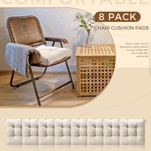 Vercraft 8 Pcs Outdoor Chair Cushions for Patio Furniture Wicker Chair Seat Cushion with Ties 18x18inch Square Water Resistant Tufted Seat Floor Pillows Dining Indoor(Beige) - color: Beige