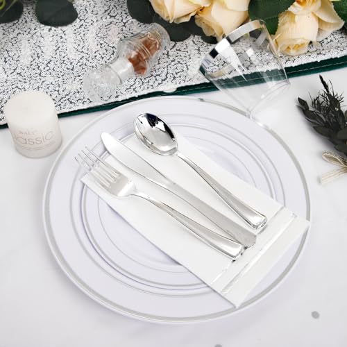 GATHER 176 Pieces Silver Plates - Disposable Silver Plastic Plates Includes 50 Plates, 75 Silverware, 25 Napkins, 25 Silver Rimmed Cups and 1 Tablecloth Perfect for Party & Weding - color: Silver, size: 25 Guests