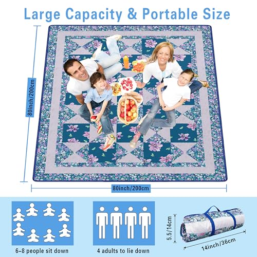 Supfitness Extra Large Picnic Blankets Waterproof Foldable (80 "x 80") Beach Blanket Waterproof Sandproof,3-Layer Thicking Mat Outdoor Packable Camping Blanket - color: Flower-7, size: 6'8" x 6'8" (Square)