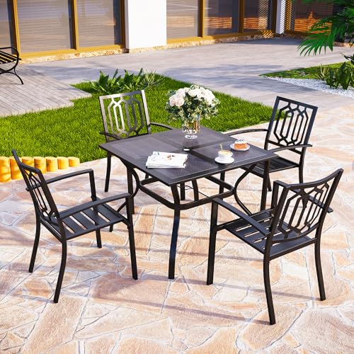 PHI VILLA 5 Pieces Outdoor Dining Set for 4, 37” Black Square Metal Steel Table with Mesh Top & Stackable Wrought Iron Chairs, Outside Furniture Set for Patio, Deck, Backyard, Porch - color: Hexagon Back Chair, size: 5PCS-37" Mesh Top Table