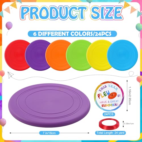 24 Pcs Flying Disc End of Year Gifts Bulk, 7” Rubber Flyer Disks with Gift Cards Outdoor Flying Discs for End of Year Gift Summer Beach Party Supplies, 6 Colors