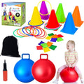 JOY SPOT! Carnival Outdoor Games Combo Set for Kids, 18 Inch Hopper Balls with Handles, Ring Toss, Bean Bags, Egg Spoon Relay Race, Fun for Backyard, Field Day, School, Birthday Parties, Family Events - style: Standard