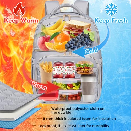Backpack Cooler Lunch Backpack Double Decker Lunch Box,Insulated Backpack Lunch Cooler Bag, Lightweight Leakproof Lunchbox Backpack for Women Men to Travel,Picnic,Hiking,Beach,Camping - color: Gray