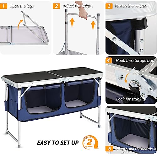 VINGLI 4 Ft Folding Table, Aluminum Camping Table, Picnic Table with Storage, Adjustable Height for Outdoor Beach BBQ Backyards Travel Party (Black ＆ Blue) - color: Black ＆ Blue