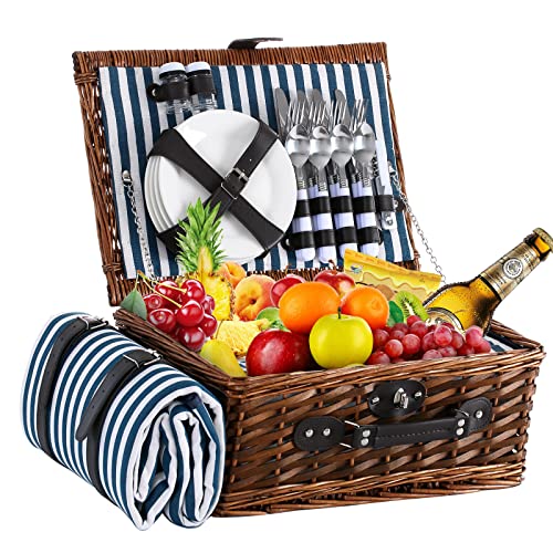 Picnic Basket for 4 with Waterproof Picnic Blanket and Insulated Cooler, Wicker Picnic Set, Willow Hamper for Camping, Outdoors, Photoshoot, or a Birthday, Mother's Day, Wedding Gift, Blue - color: Blue＆white Stripe