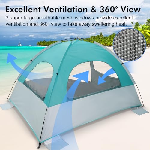 WhiteFang Beach Tent Anti-UV Portable Sun Shade Shelter for 3/4/6/8 Person, Extendable Floor with 3 Ventilating Mesh Windows Plus Carrying Bag, Stakes and Guy Lines - color: Mint Beige, size: 3 Person