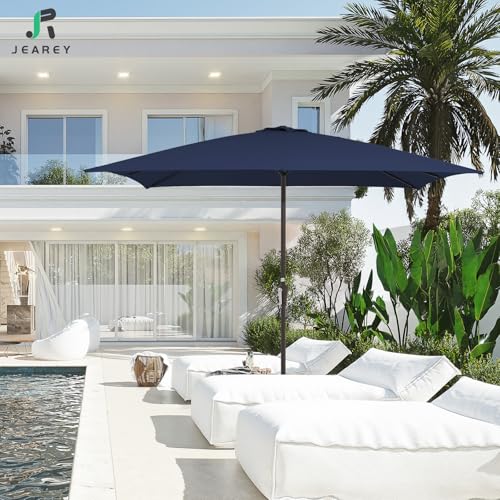JEAREY 8x10 ft Rectangular Patio Umbrellas Outdoor Table Market Umbrella w/Crank, 8 Sturdy Ribs, UV Protection Windproof Sunproof for Garden, Deck, Backyard, Pool(Navy Blue) - color: Navy Blue, size: 8x10ft