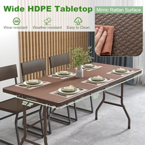 Tangkula 5FT Folding Table, Indoor Outdoor Foldable Plastic Table with Rattan Textured HDPE Tabletop, Sturdy Metal Fame, Carrying Handle, 4-6 Person Picnic Table for Camping BBQ Party - color: Coffee, size: 60 in, style: Classic