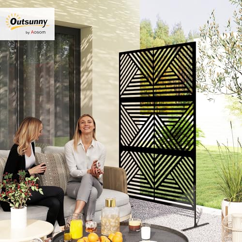 Outsunny Metal Outdoor Privacy Screen, 78" H x 48" W Decorative Privacy Fence Screen, Freestanding Outdoor Divider with Stand, Climbing Plant Trellis for Garden Walkway, Balcony, Patio, Rhombus Black - color: Black/Rhombus