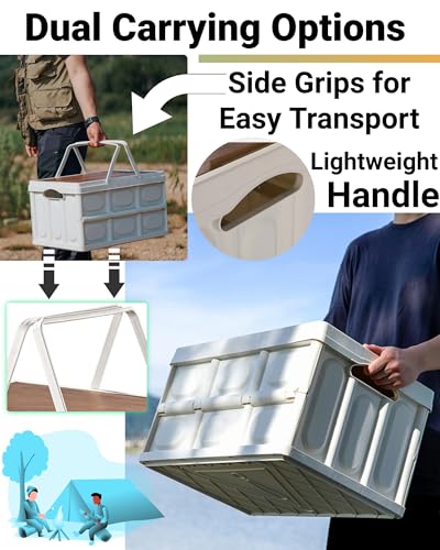 30L Collapsible Picnic Basket Foldable Folding Camping Box with Lid and Handle Collapsible Storage Bin with Waterproof Fabric Plastic Waterproof Storage Basket for Camping Picnic Home Outdoor, White