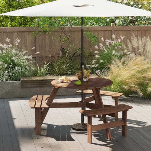 Giantex 6-Person Round Picnic Table Set with 3 Benches, 550 LBS Bench Capacity, 2" Umbrella Hole, Circular Outdoor Wood Dining Table & Chairs for Patio Yard Garden Porch Deck (68”x62”x28”,Brown) - color: Brown, size: 68”x62”x28”