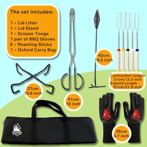 6-in-1 Dutch Oven Camping Accessories Kit - Campfire Cooking Equipment with Marshmallow Roasting Sticks, Heat-Resistant Gloves, 16" Scissors Tongs, Lid Lifter & Lid Stand - size: 6 piece set