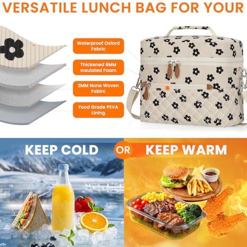 Tenot Insulated Lunch Box for Women Reusable, Leak Proof Cooler Lunch Bag Women for Work Stylish Quilted Lunch Tote Bag for Adult Picnic Travel Hiking Corduroy Black Flower - color: Corduroy Black Flower