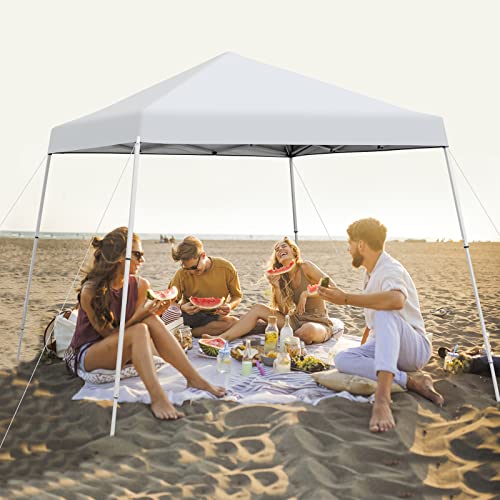 Tangkula 10x10 Ft Pop Up Canopy, Slanted Leg Outdoor Canopy Tent with Center Lock, UPF50+ Sun Protection, 4 Stakes, 8 Ropes, Carrying Bag, 1 Person Setup Instant Tent Shelter for Camp, Beach, Patio - color: White