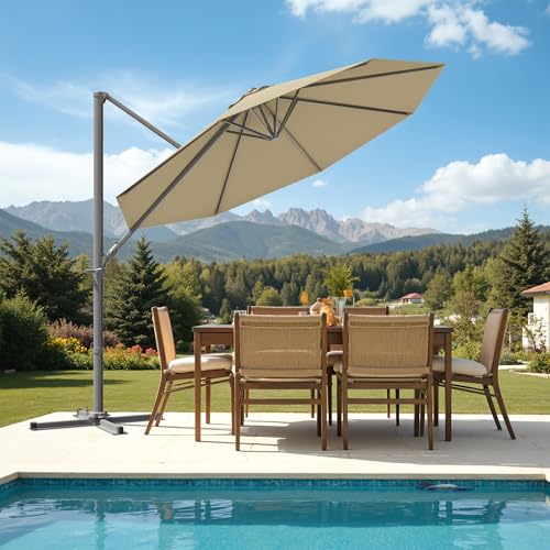 Patiowell 10 FT Patio Umbrella, Outdoor Cantilever Umbrella with 360 Degree Rotation & 5 Adjustable Tilt, Large Hanging Offset Round Sun Umbrella with Frame for Backyard Garden Poolside, Beige - color: Beige, size: 10 FT