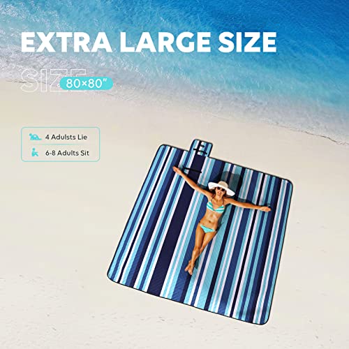 ZAZE Picnic Blankets Beach Blanket, 80''x80'' Extra Large Thick 3-Layers, Sandproof Machine Washable Waterproof Foldable Oversized XL Outdoor Mat, for Camping, Park, Travel, Grass(Blue White Stripe) - color: Blue and White Stripe