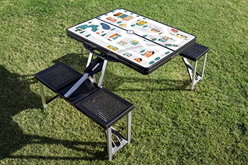 Picnic TIME Portable Folding Picnic Table with Seats for 4, Collapsible Aluminum Table with Benches & Umbrella Hole, Lightweight Foldable Table for Camping, Travel, Backyard, Tailgating | with Umbrella Hole - color: Play Town - Black