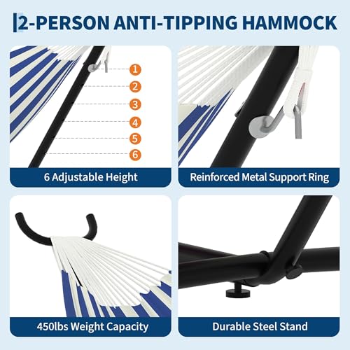 Double Hammocks with Stand for Outside, Portable Space Saving Heavy-Duty Steel Stand for Indoor Outdoor Patio with Carrying Bag, 450 lbs Capacity - color: Blue-and-white Striped