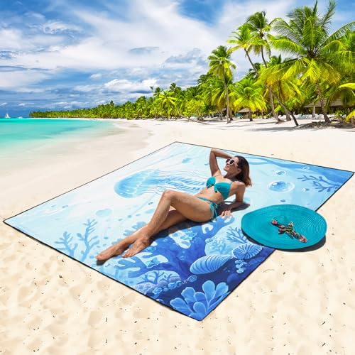 WIWIGO Beach Blanket Waterproof Sandproof Beach Mat 79" X 83"/10'x9'for 2-8 Adults Quick Drying Outdoor Picnic Mat Beach Accessories for Travel, Camping, Hiking - color: 3d-jellyfish, size: 79" X 83"（1-4person）