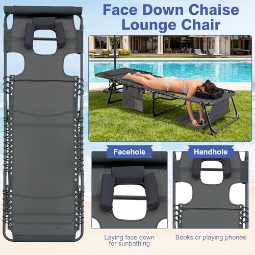 Face Down Folding Lounges Chair Set of 2, 5-Position Adjustable Sunbathing, Foldable Tanning Chair with Face& Arm Holes, Breathable Mesh Seat Recliner Chair for Lawn Beach Patio Pool Outside - color: Black&hole