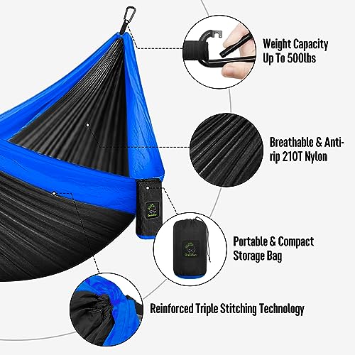 Grassman Camping Hammock Double & Single Portable Hammock with Tree Straps, Lightweight Nylon Parachute Hammocks Camping Accessories Gear for Indoor Outdoor Backpacking, Travel, Hiking, Beach - color: Black & Sapphire, size: Two Person