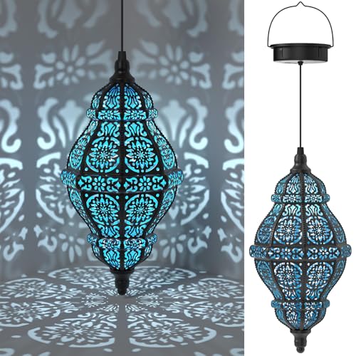 Twinkya Hanging Solar Lights Outdoor Garden Decor, Decorative Waterproof Plastic Moroccan Solar Lantern Lamp, Outside Decorations for Patio Yard Porch Backyard Decor, Gardening Gifts for Women Mom - color: Blue Black, size: 1pack