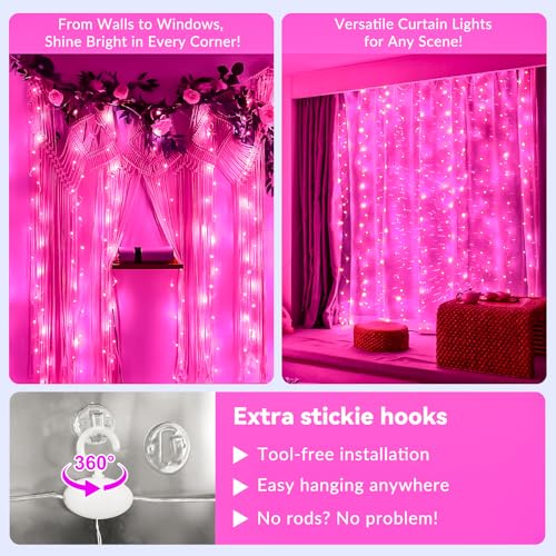 HXWEIYE 300LED Fairy Curtain Lights, 9.8x9.8Ft USB Plug-in 8 Modes Christmas String Hanging Lights with Remote for Bedroom Backdrop Wedding Indoor Wall Decor, Pink, Standard – 1 Pack - color: Pink, size: Standard – 1 Pack