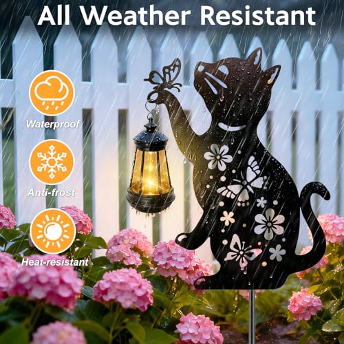 ANGMLN Cat Solar Lights Outdoor, Black Cat Hanging Lantern Waterproof, Cat Lover Gifts for Women Mom Birthday Mother's Day, Metal Garden Statue Yard Decor Patio Pathway Backyard Lawn Ornaments - color: Cat