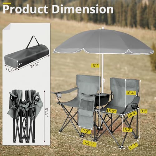Double Folding Camping Chairs with Umbrella, Portable Camping Beach Chair for Adults, Outdoor 2-Seat Lawn Soccer Camp Chair with Shade Canopy, Cup Holder Cooler Bag for Sports Lawn Patio Outside Grey - color: Grey