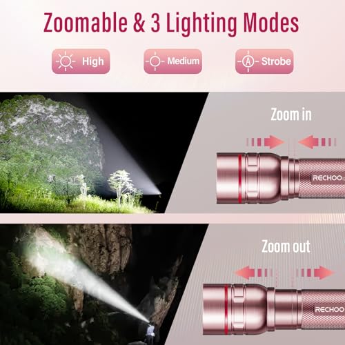 Flashlight Rechargeable High Lumens, G1000 Super Bright Flash Light Pink, Small Zoomable LED Flashlight with 3 Lighting Modes, Portable Tactical Flashlight for Camping Essentials, Gifts for Women - color: Rose Pink, size: 1 Pack