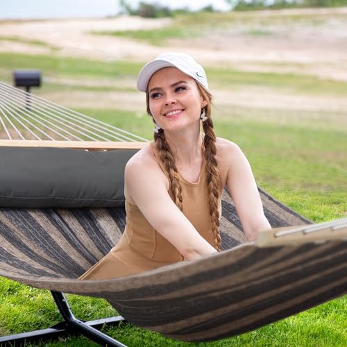 SUNCREAT Hammock with Stand 2 Person Heavy Duty, Freestanding Hammock with Spreader Bar, Soft Pillow, Gray Stripes - color: Gray & Brown, size: 12 ft Stand