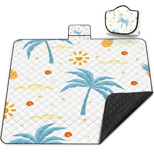 Extra Large Picnic Blanket Waterproof,80"x 80"Foldable Machine Washable Beach Blanket,Outdoor Blanket for 6-8 Adults,Suitable for Indoor Crawling,Park Beach,Camping,Hiking,Family Travel(Island) - color: White Cocoanut, size: 6'8" x 6'8" (Square)